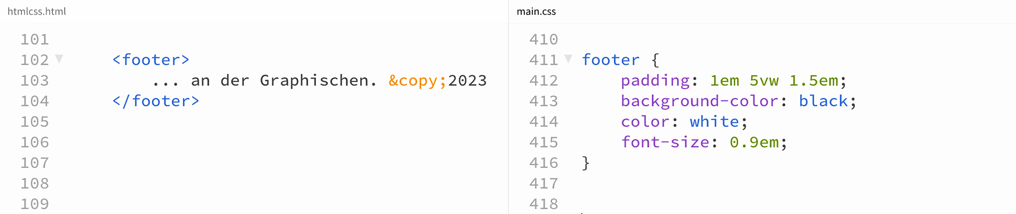 HTML und CSS Code für die Umsetzung einer Fußzeile